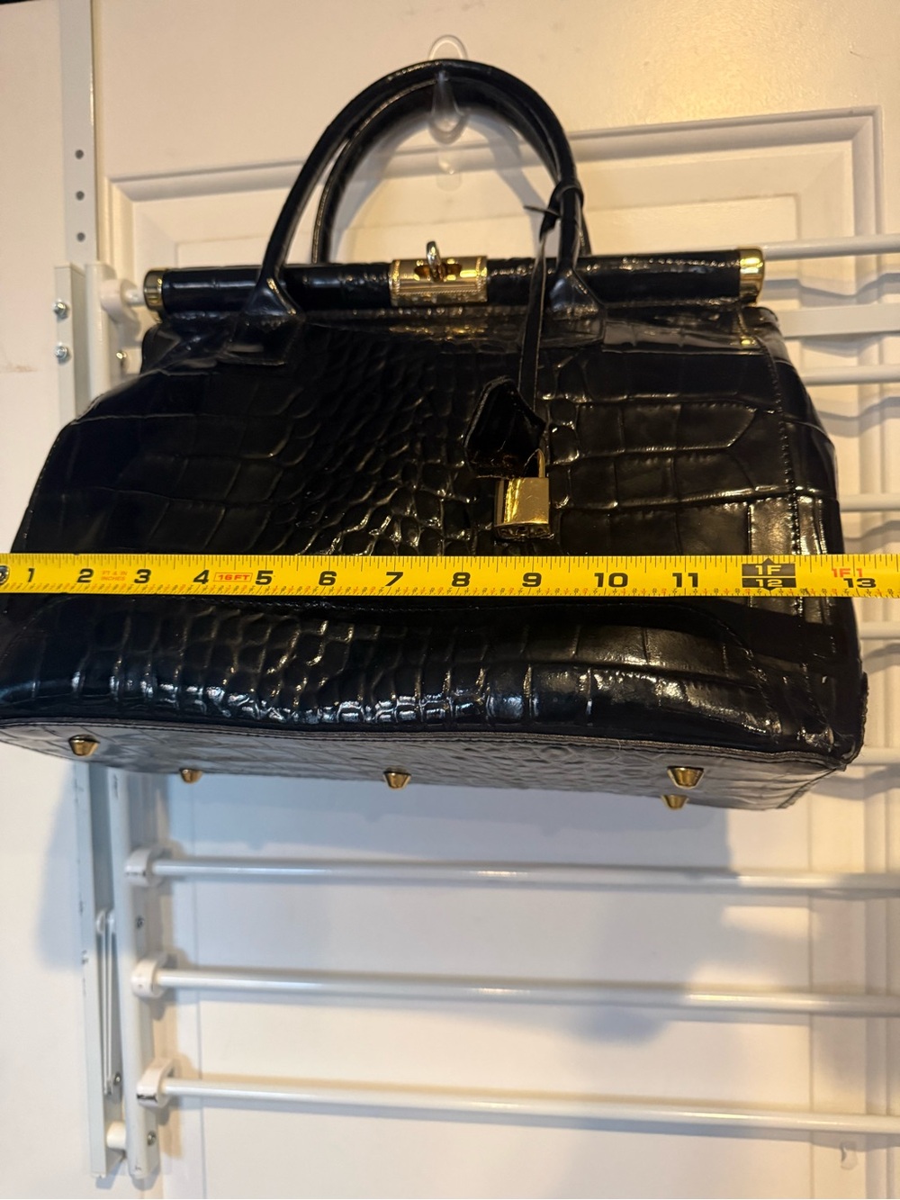Black Croc-Embossed Top-Handle Satchel with Gold Hardware genuine leather - Picture 7 of 9